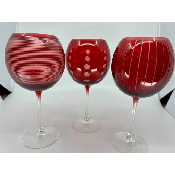 3 Pce VNTG Cherry Red Mikasa Wine Goblets Valentine's Polka Dot Striped Frosted - Picture 2 of 8